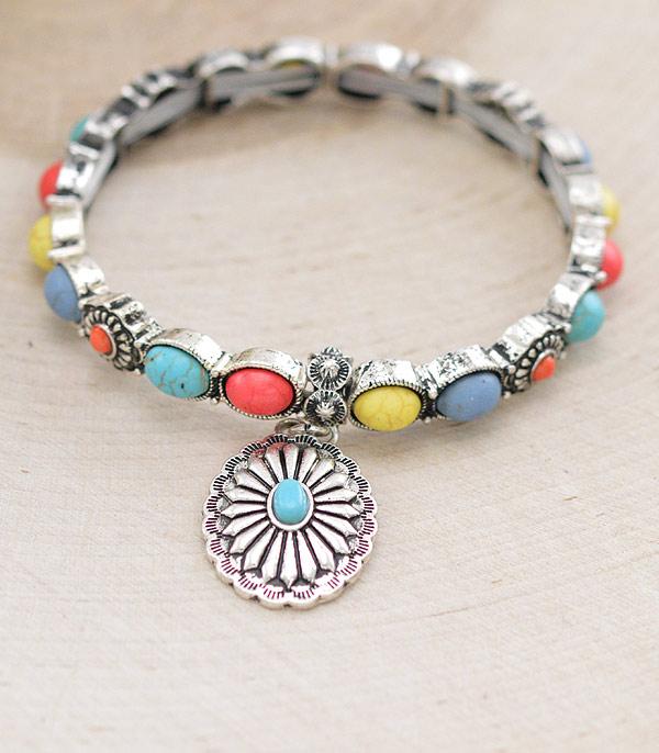 BRACELETS :: STRETCH :: Wholesale Western Semi Stone Concho Charm Bracelet