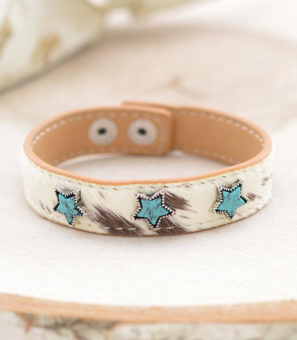 BRACELETS :: LINK :: Wholesale Cowhide Leather Turquoise Star Bracelet