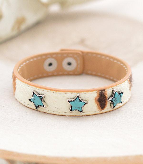 BRACELETS :: LINK :: Wholesale Cowhide Leather Turquoise Star Bracelet