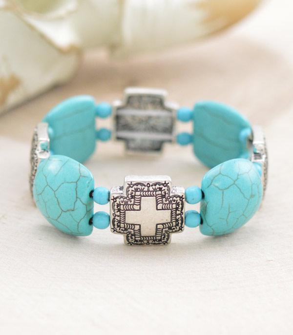 BRACELETS :: STRETCH :: Wholesale Western Turquoise Cross Bracelet