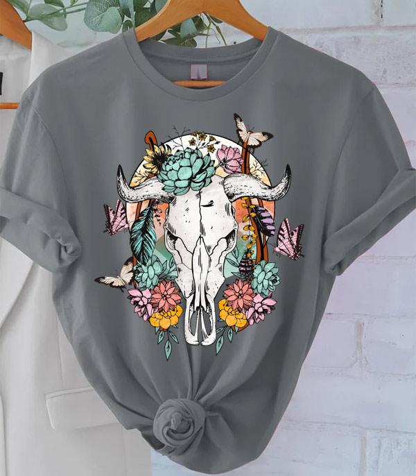 GRAPHIC TEES :: GRAPHIC TEES :: Wholesale Floral Steer Head Oversized Tshirt