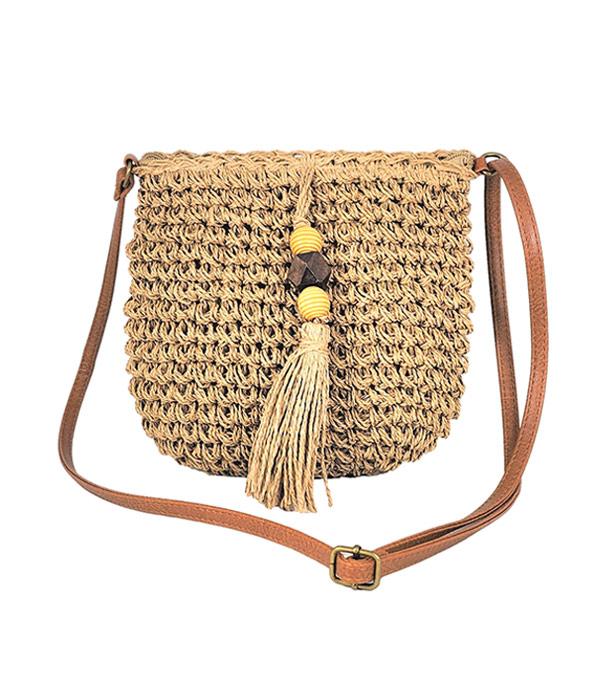 HANDBAGS :: CROSSBODY BAGS :: Wholesale Straw Tassel Crossbody Bag