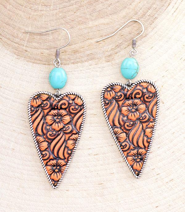 EARRINGS :: WESTERN POST EARRINGS :: Wholesale Leather Tooled Heart Earrings