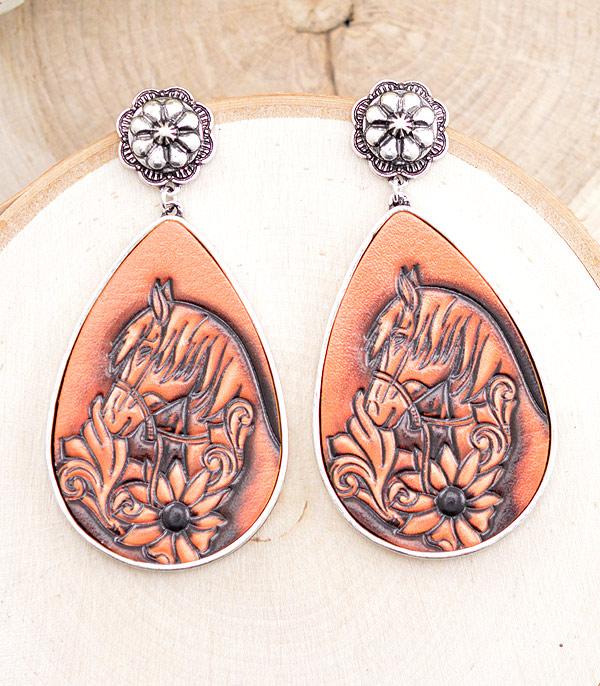 New Arrival :: Western Horse Leather Tooled Look Earrings