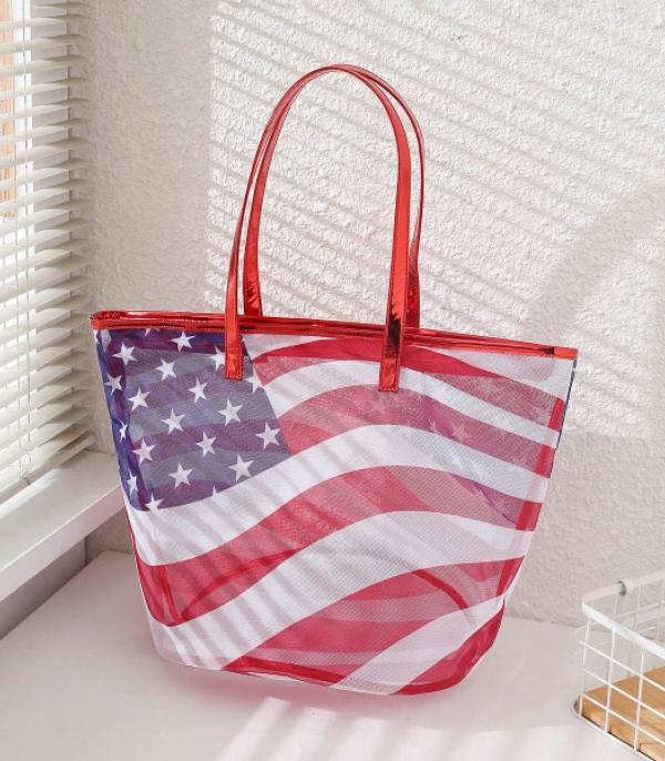 <font color=RED>RED,WHITE, AND BLUE</font> :: Wholesale Transparent American Flag Tote Bag