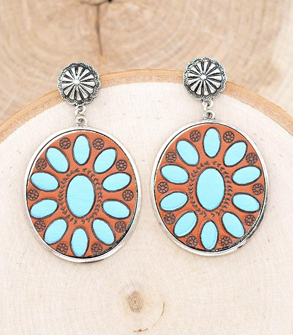 EARRINGS :: WESTERN POST EARRINGS :: Wholesale Faux Leather Turquoise Concho Earrings