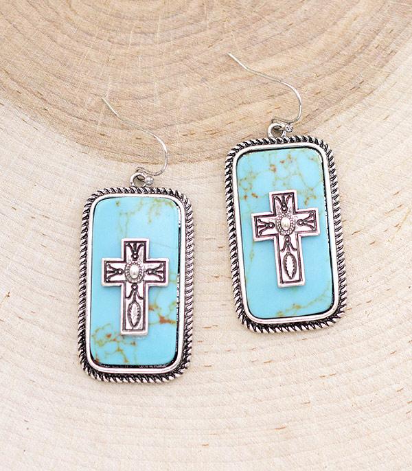 EARRINGS :: WESTERN HOOK EARRINGS :: Wholesale Turquoise Cross Semi Stone Earrings