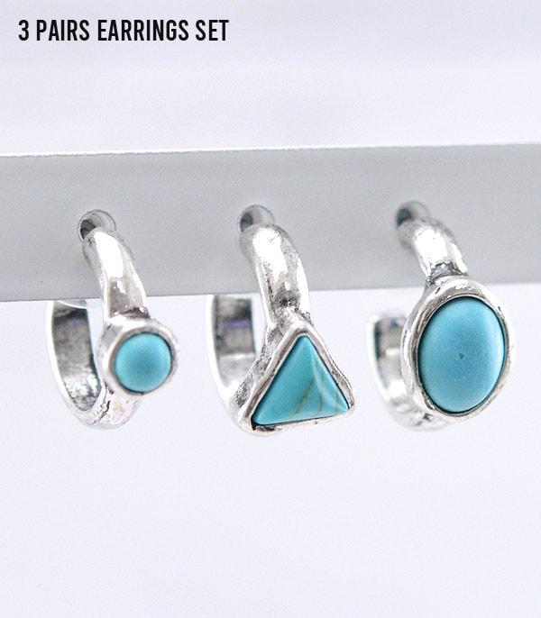 EARRINGS :: HOOP EARRINGS :: Wholesale Tipi Brand Turquoise Hoop Earrings Set