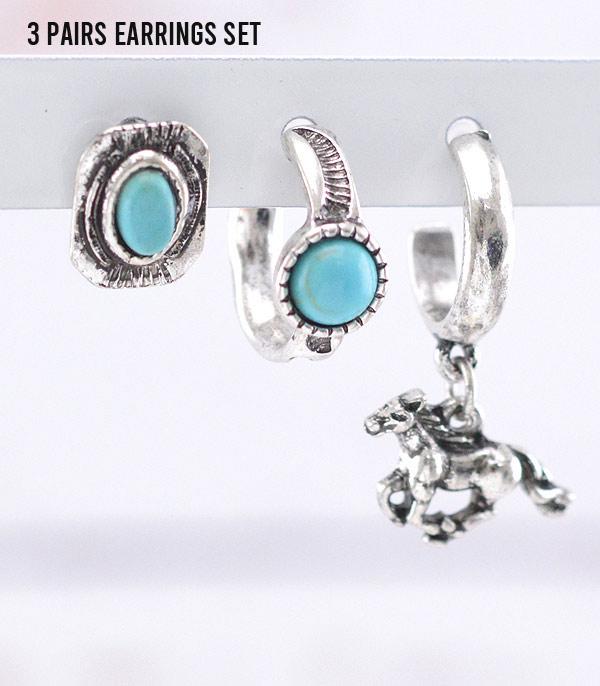 EARRINGS :: HOOP EARRINGS :: Wholesale Western Turquoise Hoop Earrings Set