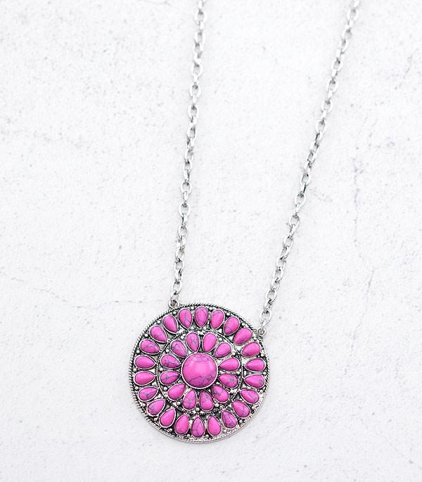 <font color=#FF6EC7>PINK COWGIRL</font> :: Wholesale Western Semi Stone Concho Necklace