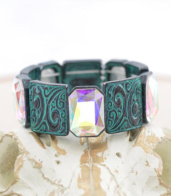 BRACELETS :: STRETCH :: Wholesale Western Tooled Look Glass Stone Bracelet