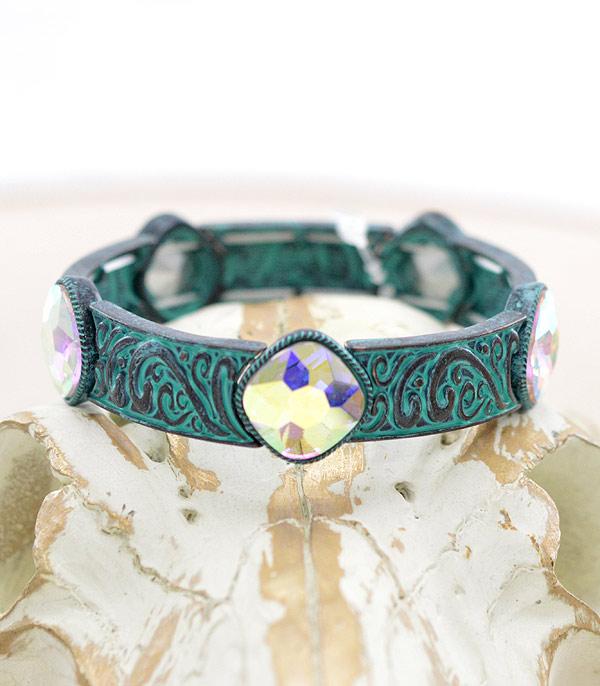 BRACELETS :: STRETCH :: Wholesale Western Tooled Look Glass Stone Bracelet