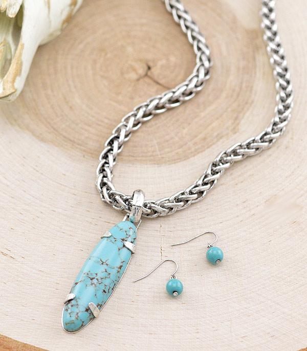 NECKLACES :: WESTERN LONG NECKLACES :: Wholesale Oval Turquoise Pendant Chain Necklace