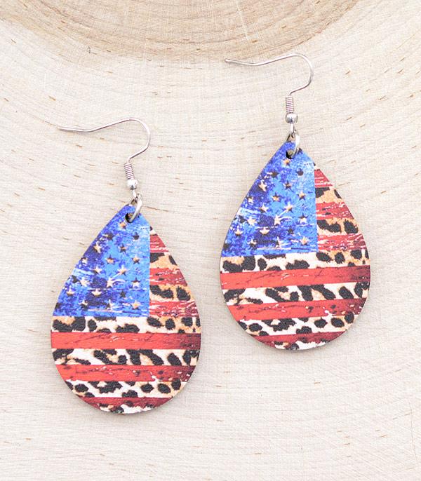 <font color=RED>RED,WHITE, AND BLUE</font> :: Wholesale Leopard US Flag Teardrop Earrings