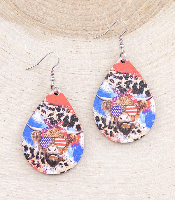 EARRINGS :: WESTERN HOOK EARRINGS :: Wholesale Patriotic Cow Teardrop Earrings