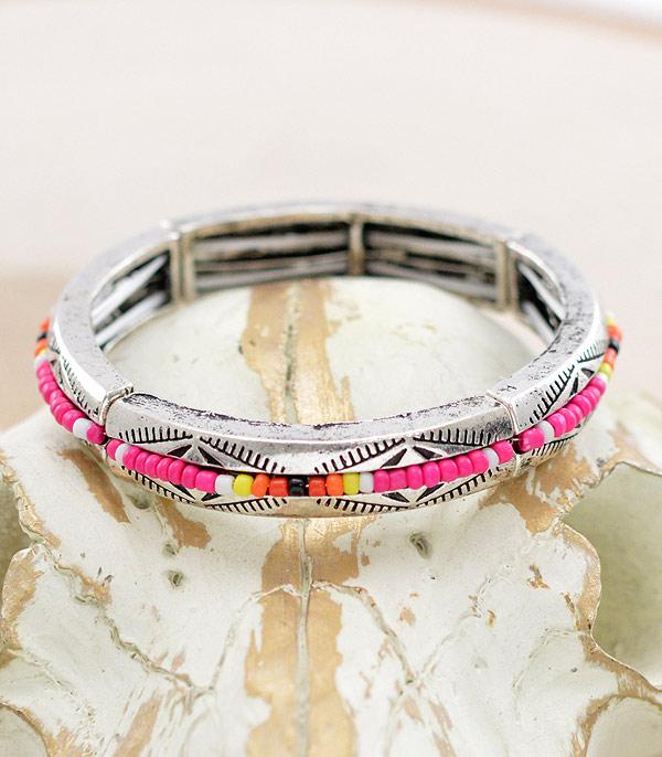 <font color=#FF6EC7>PINK COWGIRL</font> :: Wholesale Western Aztec Bead Bangle Bracelet