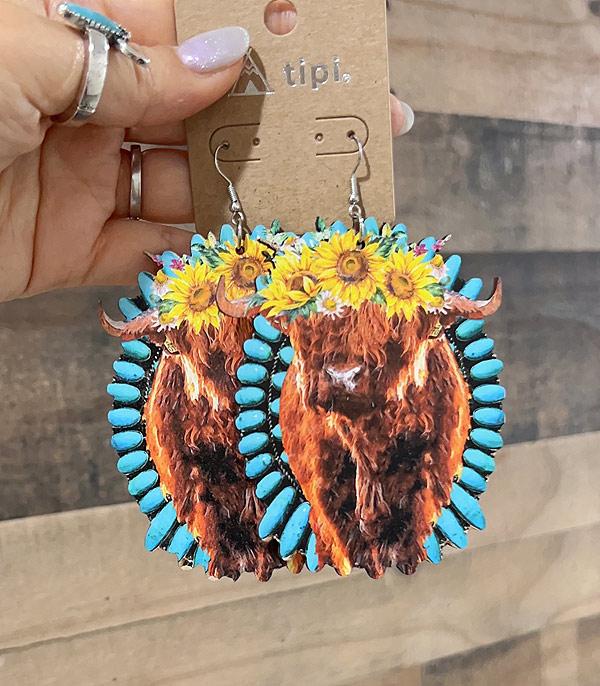 EARRINGS :: WESTERN HOOK EARRINGS :: Wholesale Oversized Wooden Highland Cow Earrings