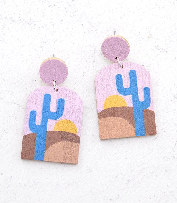 EARRINGS :: TRENDY EARRINGS :: Wholesale Wooden Cactus Desert Landscape Earrings
