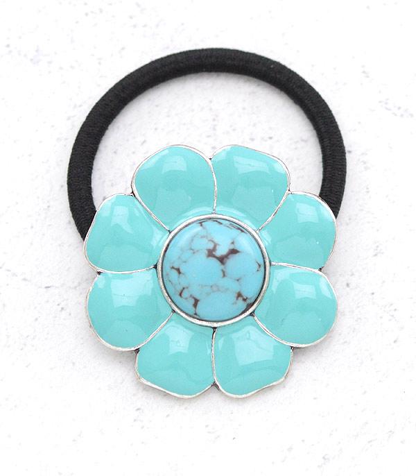 HATS I HAIR ACC :: HAIR ACC I HEADBAND :: Wholesale Western Turquoise Flower Hair Tie