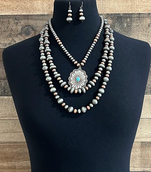 NECKLACES :: WESTERN LONG NECKLACES :: Wholesale Concho Navajo Pearl Layered Necklace
