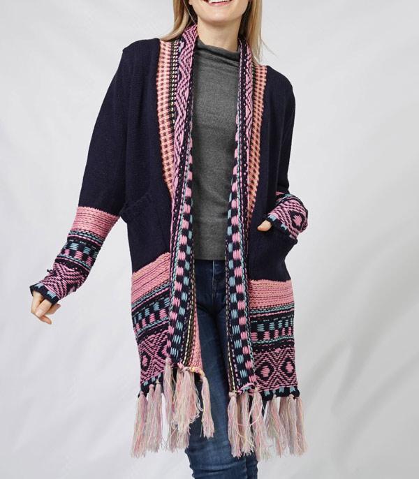 KIMONO I SCARVES :: VEST/ CARDIGAN :: Wholesale Western Aztec Fringe Cardigan