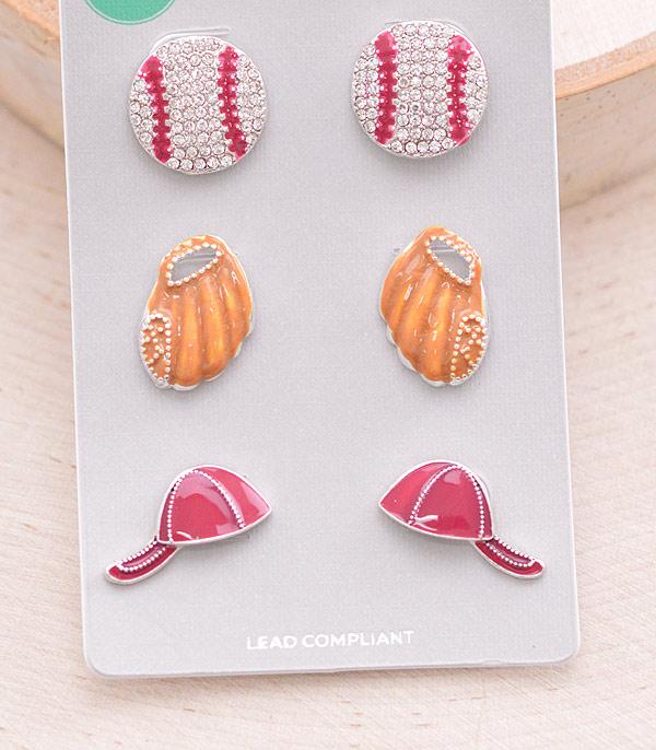 EARRINGS :: POST EARRINGS :: Wholesale 3PC Set Baseball Theme Earrings