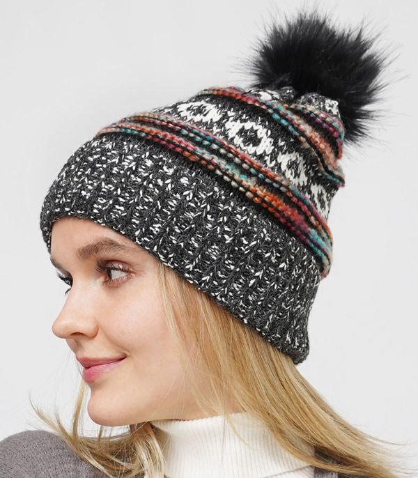 HATS I HAIR ACC :: BEANIES I HEADWRAP :: Wholesale Western Aztec Patter Pom Beaie