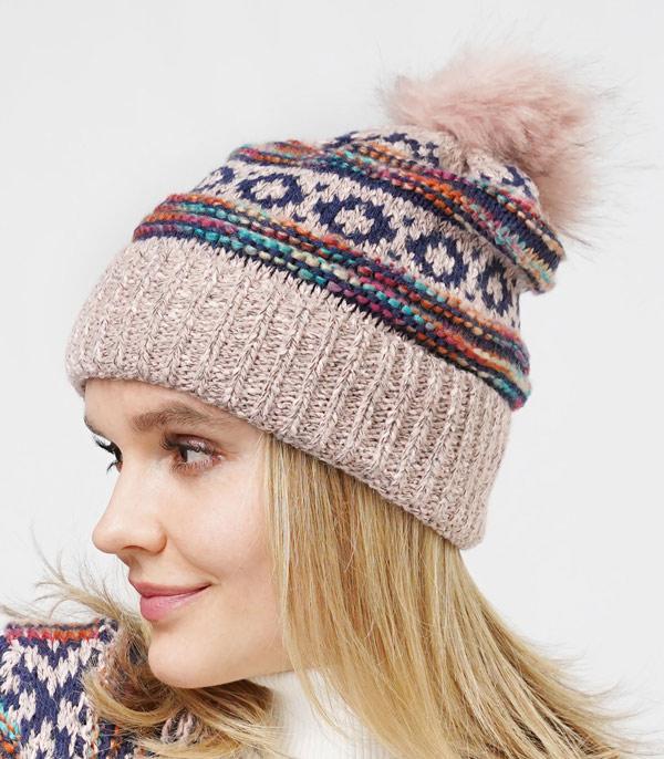 HATS I HAIR ACC :: BEANIES I HEADWRAP :: Wholesale Western Aztec Pattern Pom Beanie