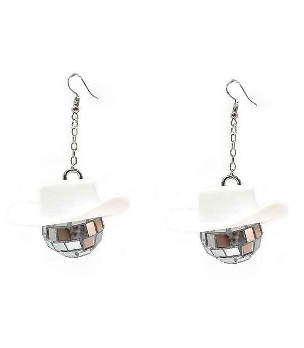 EARRINGS :: TRENDY EARRINGS :: Wholesale Cowgirl Hat Disco Ball Earrings