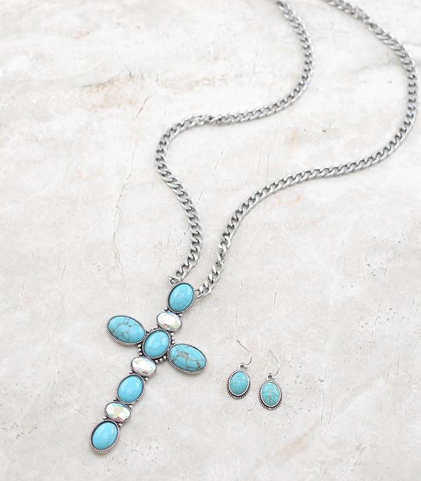 NECKLACES :: WESTERN LONG NECKLACES :: Wholesale Glass Stone Turquoise Cross Necklace