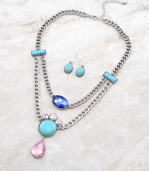 NECKLACES :: WESTERN LONG NECKLACES :: Wholesale Glass Stone Turquoise Layered Necklace