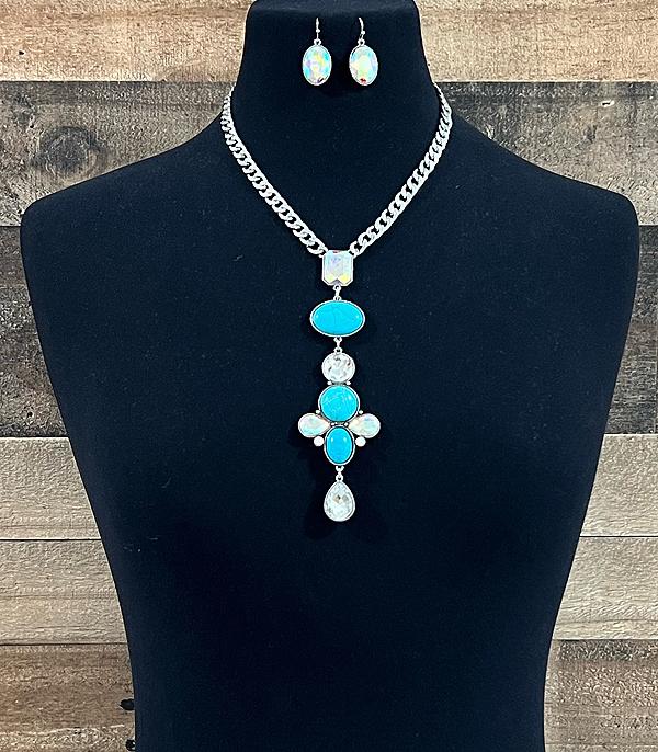 NECKLACES :: WESTERN LONG NECKLACES :: Wholesale Turquoise Glass Stone Necklace Set