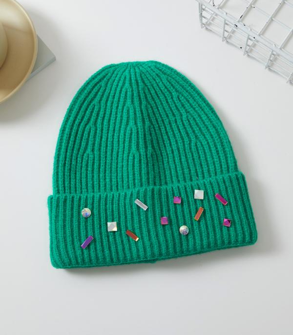 <font color=black>SALE ITEMS</font> :: HAT | HAIR ACCESSORIES :: Wholesale Solid Color Knit Crystal Beanie