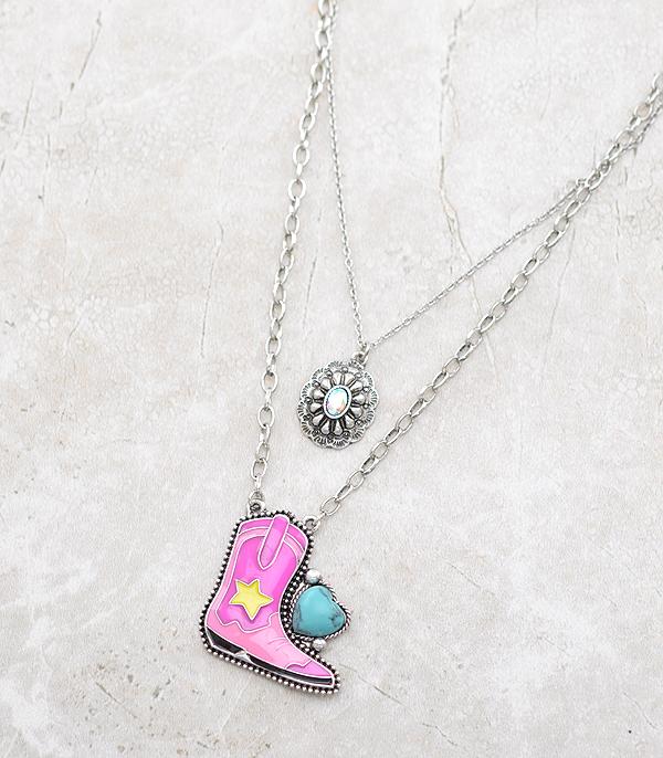 <font color=#FF6EC7>PINK COWGIRL</font> :: Wholesale Western Pink Boots Layered Necklace