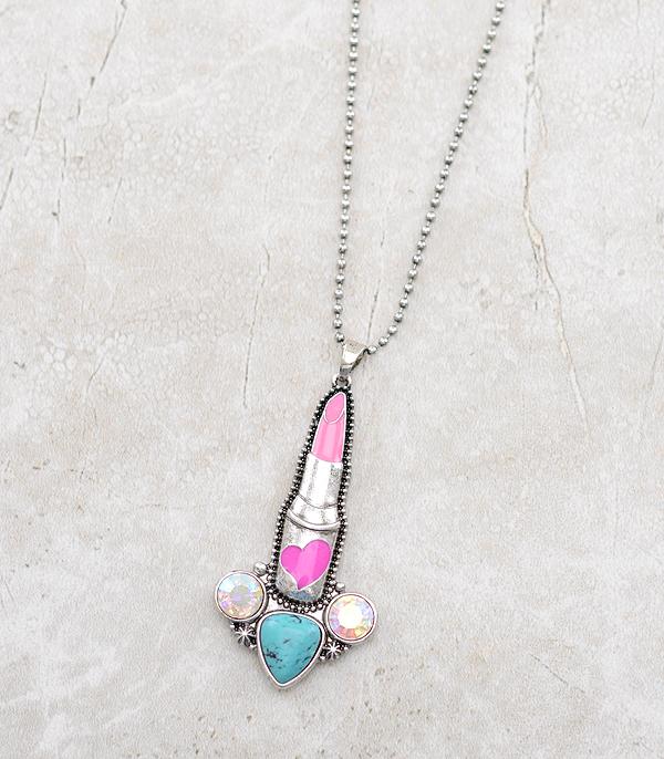 <font color=#FF6EC7>PINK COWGIRL</font> :: Wholesale Western Pink Lipstick Necklace