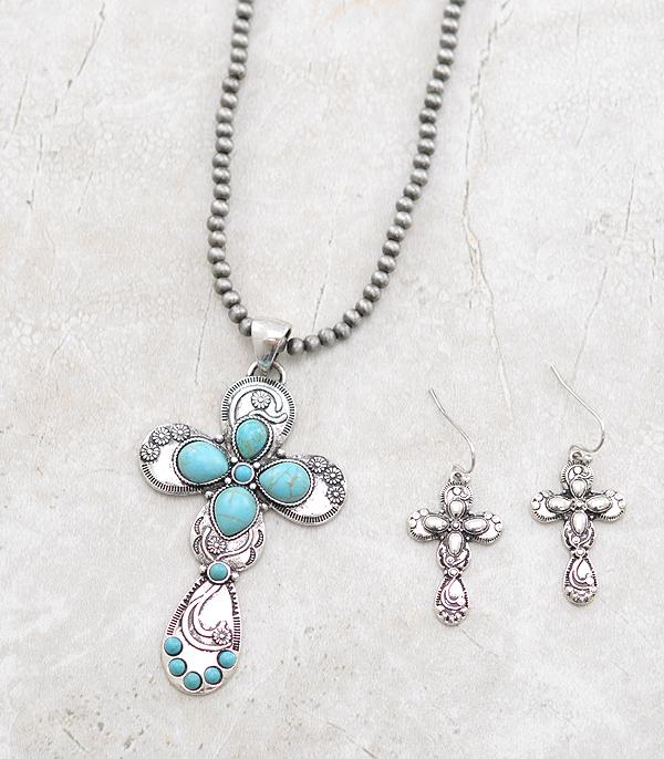 NECKLACES :: WESTERN LONG NECKLACES :: Wholesale Western Turquoise Cross Necklace Set