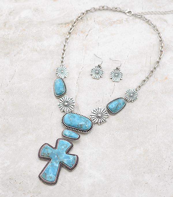 NECKLACES :: WESTERN LONG NECKLACES :: Wholesale Western Turquoise Cross Necklace Set