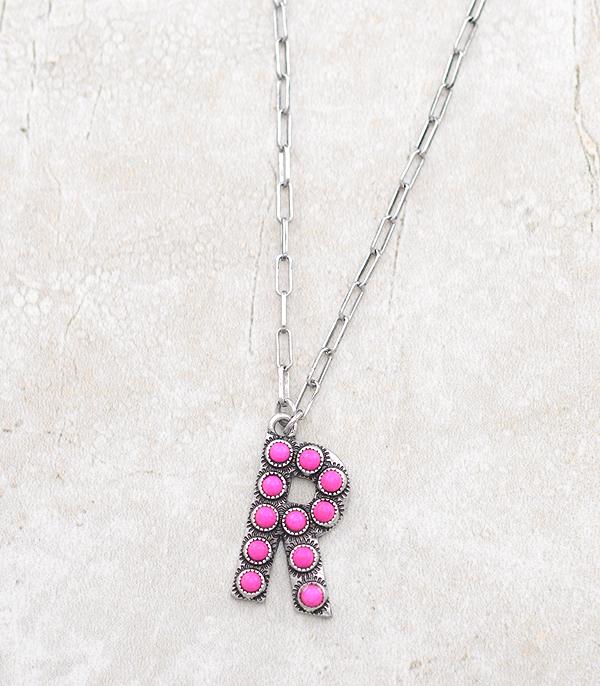 INITIAL JEWELRY :: NECKLACES | RINGS :: Wholesale Western Fuchsia Stone Initial Necklace