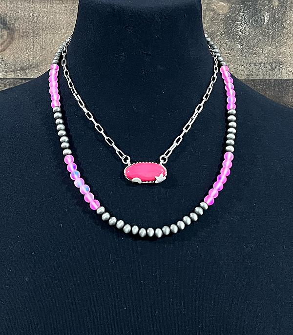<font color=#FF6EC7>PINK COWGIRL</font> :: Wholesale Western Pink Stone Navajo Pearl Necklace
