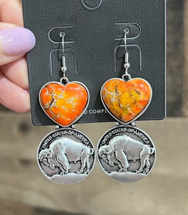 EARRINGS :: WESTERN HOOK EARRINGS :: Wholesale Western Coin Heart Stone Earrings