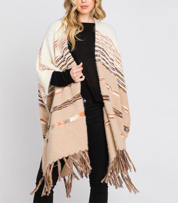 KIMONO I SCARVES :: KIMONO / PONCHO :: Wholesale Soft Striped Fringe Ruana