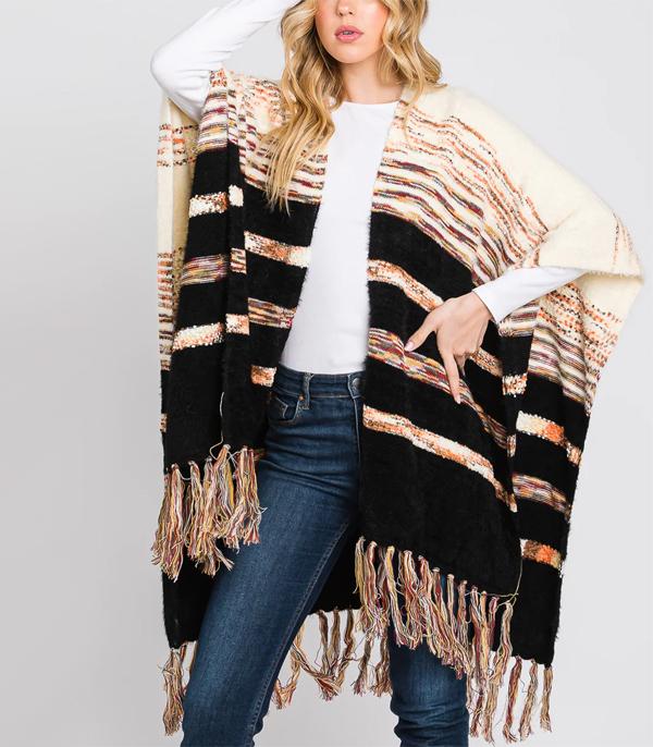 SCARVES I KIMONO :: KIMONO / PONCHO :: Wholesale Soft Striped Fringe Ruana