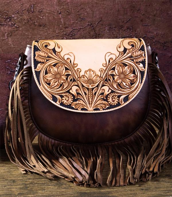 MONTANAWEST BAGS :: CROSSBODY BAGS :: Wholesale Leather Tooled Fringe Crossbody Bag