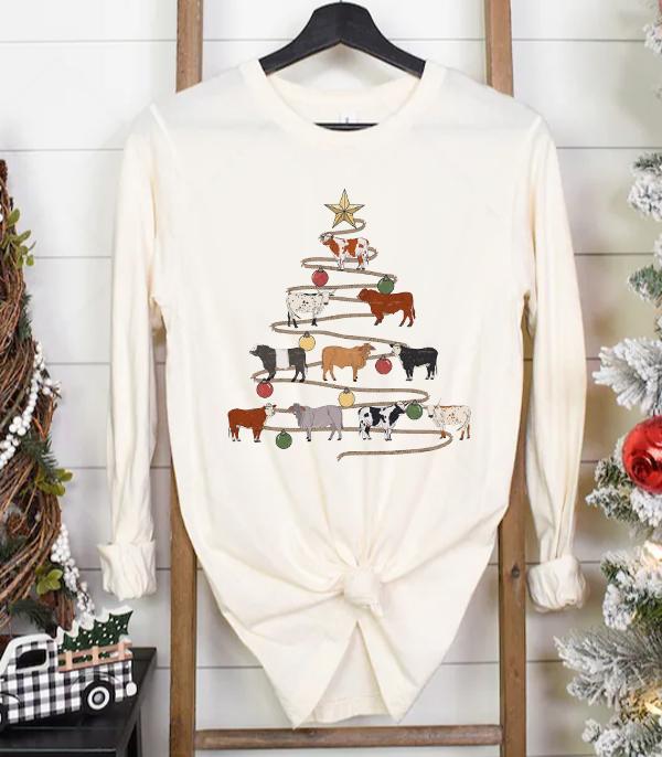 <font color=GREEN>HOLIDAYS</font> :: GRAPHIC TEES :: Wholesale Cow Christmas Tree Long Sleeve Tshirt