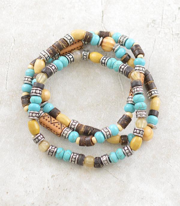 BRACELETS :: STRETCH-BEAD :: Wholesale Turquoise Wooden Bead Bracelet Set
