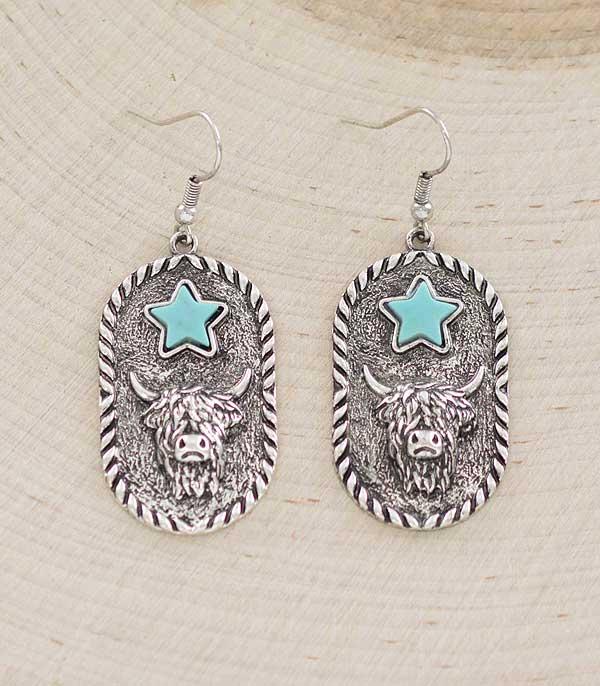 New Arrival :: Wholesale Highland Cow Turquoise Star Earrings