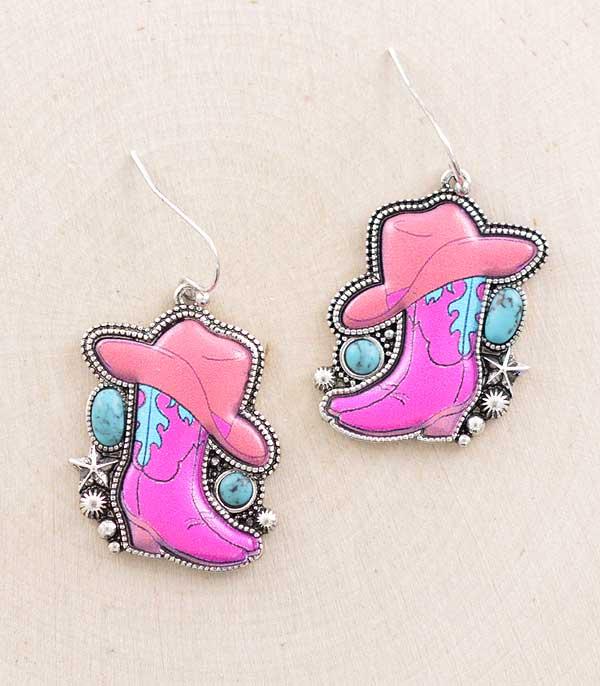 EARRINGS :: WESTERN HOOK EARRINGS :: Wholesale Western Pink Cowgirl Boot Hat Earrings