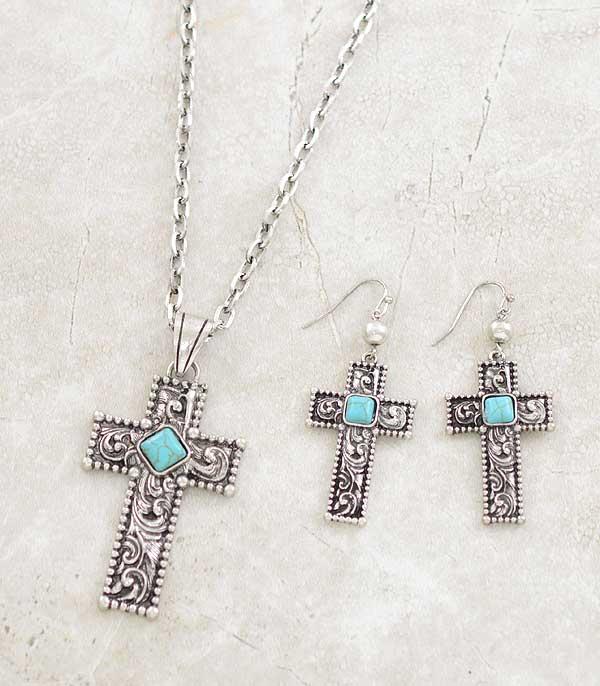 NECKLACES :: CHAIN WITH PENDANT :: Wholesale Western Turquoise Cross Necklace Set
