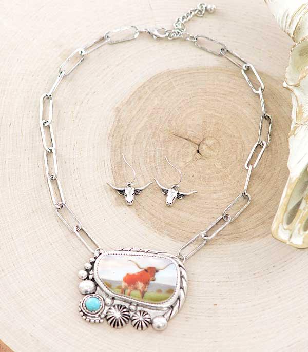 NECKLACES :: WESTERN TREND :: Wholesale Longhorn Cow Turquoise Pendant Necklace