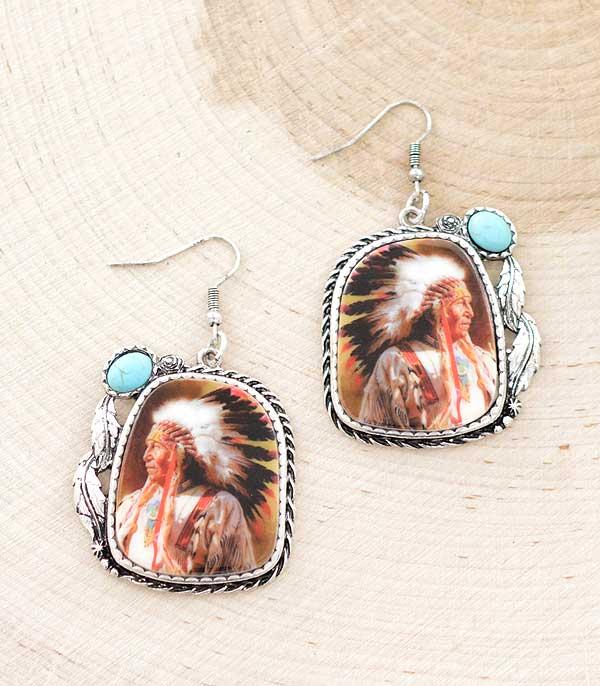 EARRINGS :: WESTERN HOOK EARRINGS :: Wholesale Western Turquoise Indian Chief Earrings